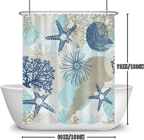 Miniatura 2 de Cortina de ducha azul océano, juego de cortina de ducha náutica costera de coral con estrellas de mar, para baño, tema náutico marino oceánico, mar