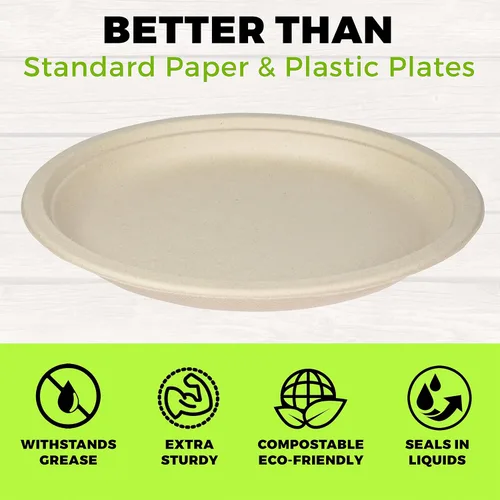 Miniatura 4 de NYHI Platos de alta resistencia desechables de 10 pulgadas para adultos y niños, platos de papel de caña de azúcar, color marrón, ecológicos