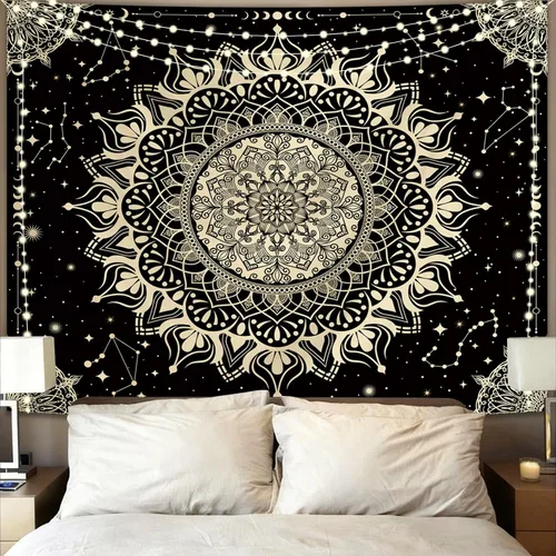 Miniatura 17 de Apdidl Tapiz bohemio de mandala negro para estética de dormitorio, decoración hippie, astrología espacial, arte de pared, tapices de techo, manta