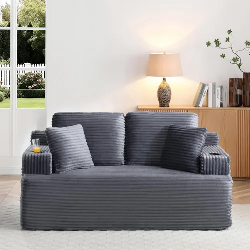 Miniatura 48 de Sofá sin hueso de 66.5 pulgadas con portavasos y bolsillos laterales, sofá biplaza tapizado de tela de pana moderna con 2 almohadas para sala