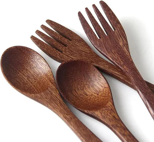 Miniatura 6 de YFWOOD Juego de 4 utensilios de madera natural para niños, tenedores y cucharas para niños, cubiertos seguros para niños pequeños, pulido a mano