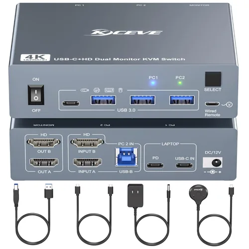 Interruptor KVM 2 Monitores 1 Laptop y 1 Computadora de Escritorio 4K@60Hz, Camgeet Interruptor KVM USB C HDMI Monitor Dual con 4 Puertos USB3.0