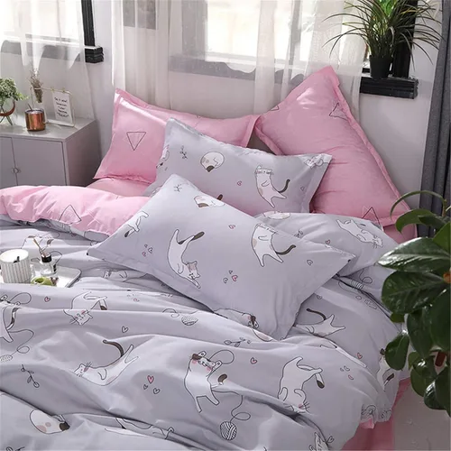Miniatura 5 de Omelas - Juego de funda de edredón gris para niñas, tamaño Queen, Matrimonial, con encantadores gatos que juegan con geometría rosa, funda