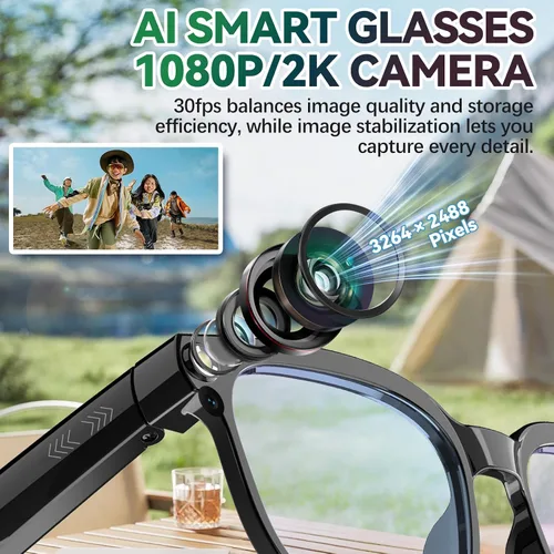 Miniatura 2 de Lentes inteligentes AI con cámara, 8MP HD Bluetooth gafas con reducción de ruido ENC, lentes reemplazables, control de voz, reproducción de música