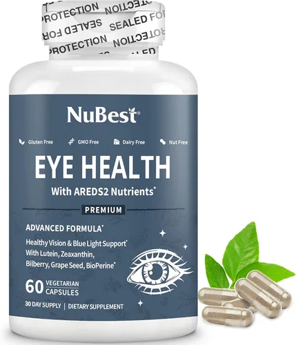 NuBest AREDS 2 Vitaminas para los ojos con polvo de zanahoria beta caroteno, 20 mg de luteína, 4 mg de zeaxantina, arándano, semilla de uva,