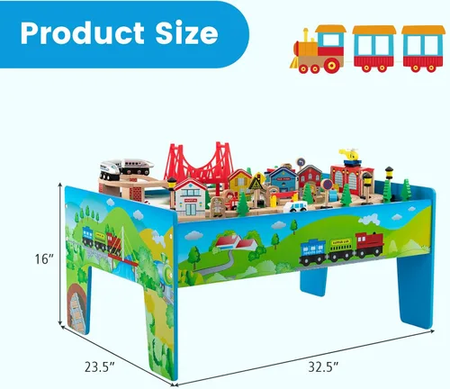 Miniatura 6 de Costzon Mesa de tren, 80 piezas, mesa de actividades de madera para niños con mesa reversible y desmontable, pistas de madera maciza, tren