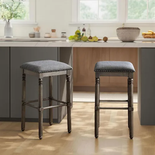 Miniatura 4 de Roundhill Furniture Arnhem Taburetes de bar tapizados de madera, juego de 2, color gris