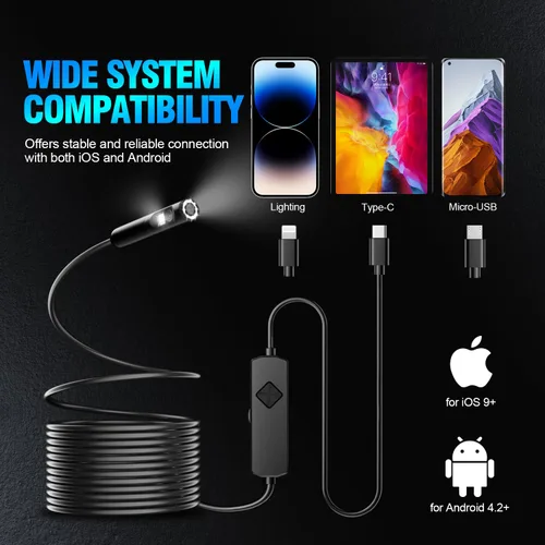 Miniatura 5 de Cámara endoscopio con luz, boroscopio HD 1920P con 8 LED ajustables, cable de serpiente semirrígido, cámara de inspección impermeable IP67 para iOS