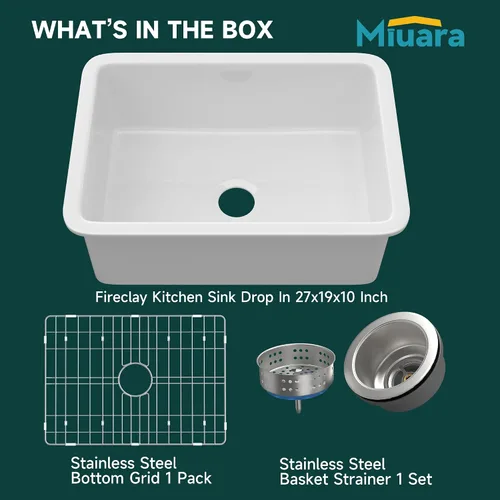 Miniatura 9 de Miuara Fregadero de cocina blanco de montaje inferior de 27 pulgadas – Fregadero de arcilla refractaria de montaje superior de 27 x 19 x 10