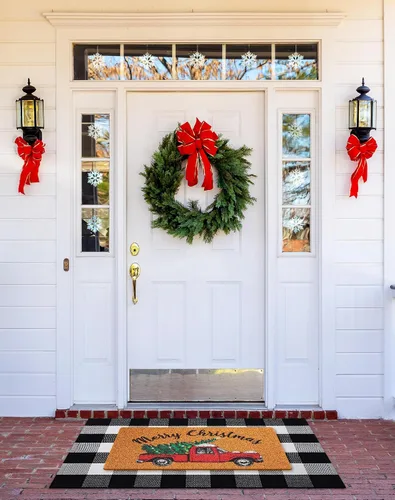 Miniatura 2 de Geelin 2 Tapetes de Puerta de Navidad, Felpudo Delantero Navideño a Cuadros Buffalo Blanco y Negro, Alfombra Decorativa de Árbol de Navidad