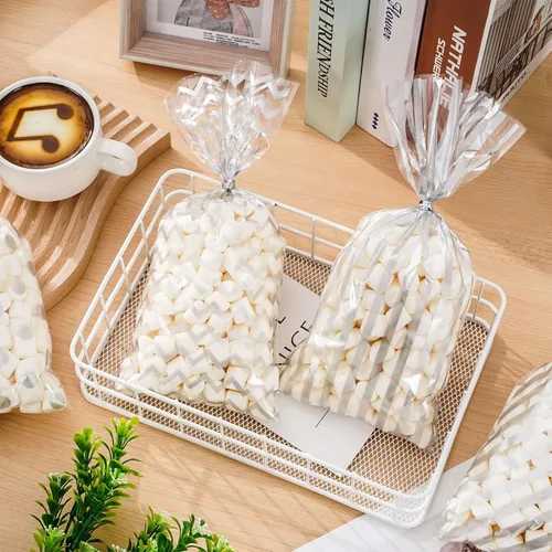 Miniatura 4 de Whaline 160 bolsas de celofán plateado con lazos torcidos, diseño de rayas onduladas, bolsas de plástico para golosinas, bolsa de dulces