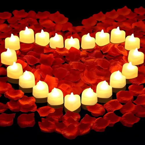 FloraSea 3000 pétalos de rosa artificiales con 20 velas LED sin llama para decoración de noches especiales y románticas, aniversario de boda,