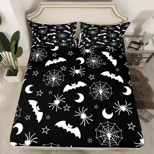 Miniatura 41 de Juego de sábanas bajeras con bonito diseño de gato negro para niños y niñas, diseño de dibujos animados de Halloween, gato, animales, sábanas