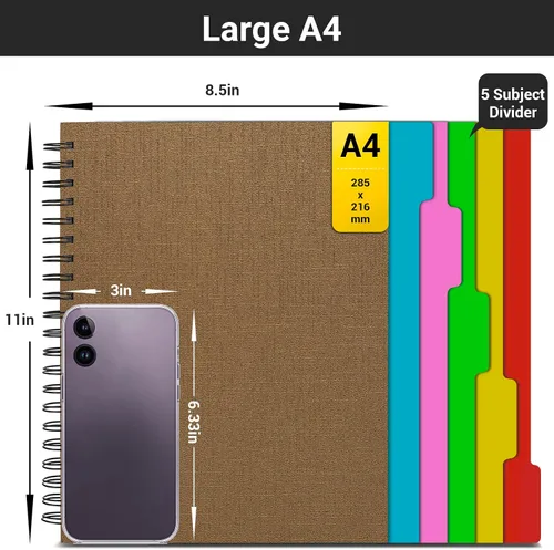 Miniatura 2 de EUSOAR - Cuaderno de espiral de 5 asignaturas, 1 pieza A4 27.9 x 21.6 cm Cuaderno de escritura con reglas de estilo universitario, 100GSM 120 hojas