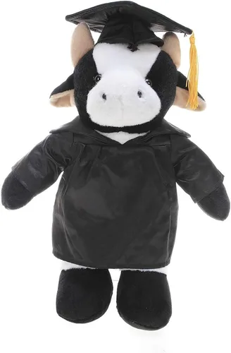 Plushland Juguetes de peluche de vaca, regalos para el día de graduación, texto personalizado, nombre o logotipo de tu escuela en el vestido, lo