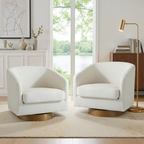 Juego de 2 Sillas Giratorias de Acento, Silla Barril Tapizada en Tela para Sala de Estar, Cómodo Sillón Redondo Sofá Individual Asiento de Lino Beige