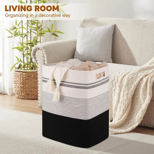 Miniatura 6 de Cesta de Ropa Sucia, Cesta de Lavandería Grande de Cuerda Tejida Alta con Asas, 22" X 17" X 13", Cesta de Almacenamiento Decorativa para Ropa