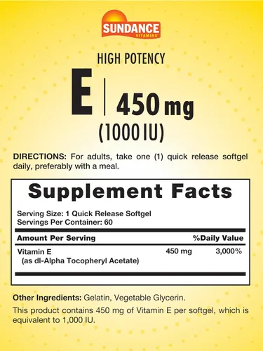 Miniatura 2 de Sundance Vitamina E de alta potencia 450 mg (1000 UI) 60 cápsulas blandas Suplemento vitamínico esencial Fórmula sin OMG y sin gluten
