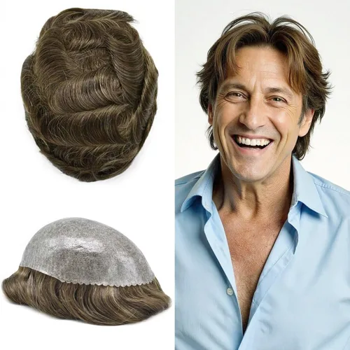 Miniatura 46 de Toupee - Sistema de reemplazo de cabello humano real de 0.004 in para hombres, con inyección, poliuretano duradero, piel fina, línea capilar