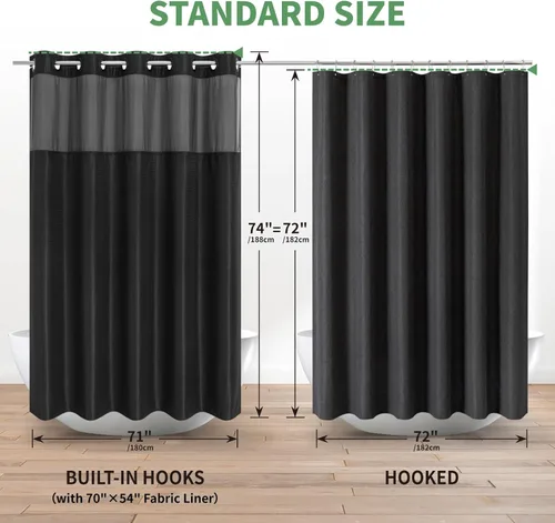 Miniatura 3 de eachope Cortina de ducha negra sin gancho con forro de tela a presión, cortinas de ducha de tejido gofre para baño, juego de cortinas de baño