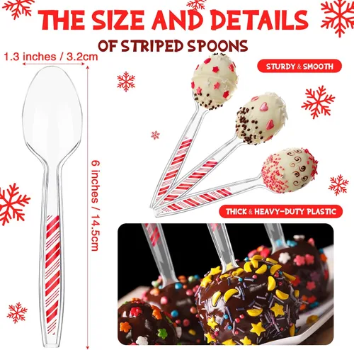 Miniatura 2 de Paquete de 100 cucharas desechables de plástico transparente de Navidad con patrón de rayas rojas, utensilios transparentes para tartas
