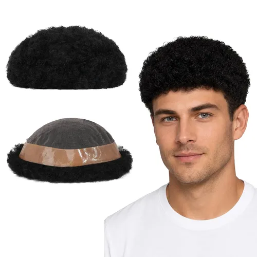 Miniatura 7 de Lordhair Mens Weave 6 * 8 "unidad de cabello humano negro 0.787 in rizado sistema de cabello para hombre con 1" PU recubierto perímetro toupee