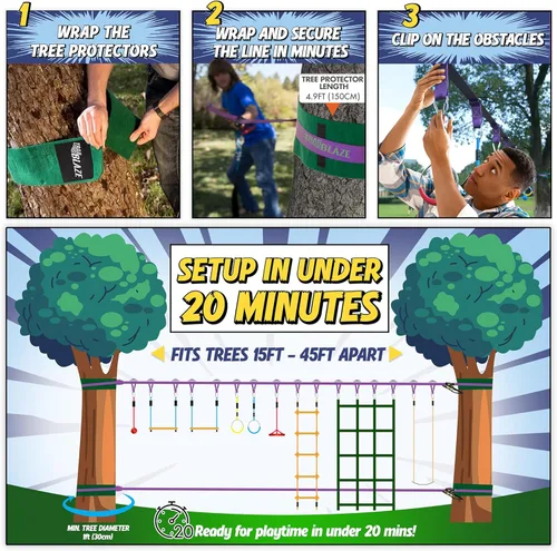 Miniatura 3 de Trailblaze Curso de Obstáculos de Guerrero Ninja para Niños - Diversión al Aire Libre 2x55 Pies de Cuerda Floja Ninja, Red de Escalada, Escalera