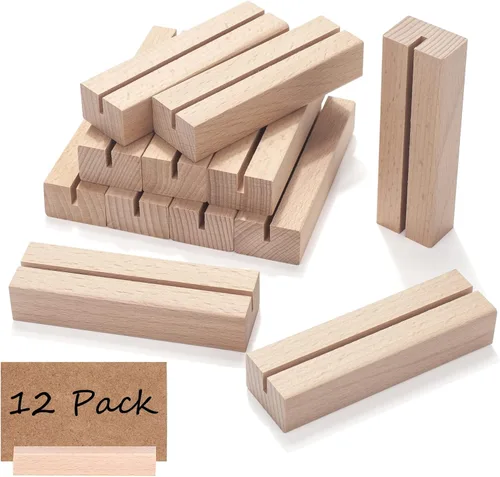 12 soportes de madera para tarjetas de lugar, soporte de postal de madera, soportes de números de mesa, soporte de letrero de acrílico rústico para