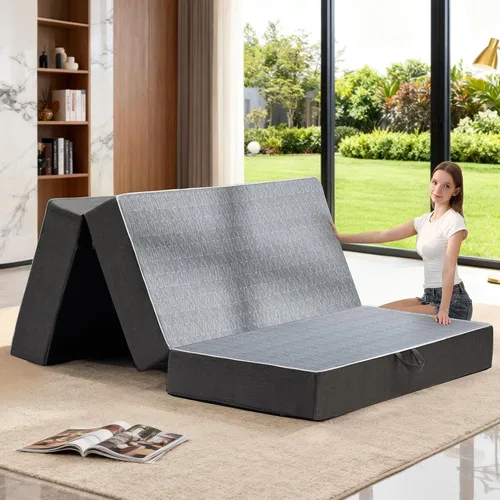 Miniatura 9 de Colchón triple plegable tamaño matrimonial – Colchón plegable de espuma viscoelástica de doble capa de 6 pulgadas, sofá cama futón portátil