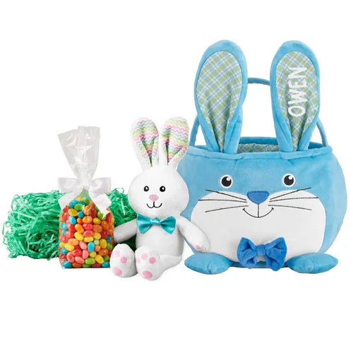 Let's Make Memories - Canasta de Pascua personalizada con amigos peludos, canasta para niños, diseño de conejito de Pascua azul, solo incluye la
