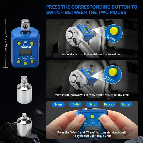 Miniatura 3 de DISEN Juego de adaptador de par digital de 1/2 pulgada (10-200 N.m/7.4-147.5 ft-lb), precisión de ±2%, modos de Mem y rastreo, zumbador y alerta