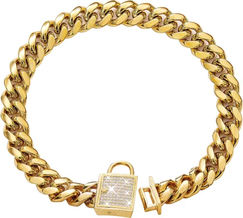 Collar de perro dorado con hebilla de circonita, collar de cadena de eslabones cubanos para perros pequeños a grandes (0.551 in, 10 pulgadas)