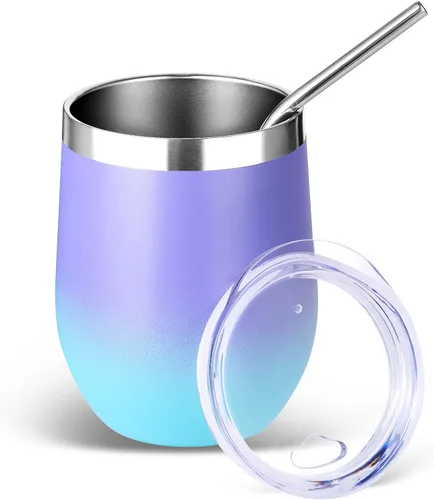 Miniatura 25 de Volhoply - Juego de 12 vasos de vino de 12 onzas con tapa, hechos de acero inoxidable con aislamiento al vacío de doble pared, vasos de vino sin Rosa