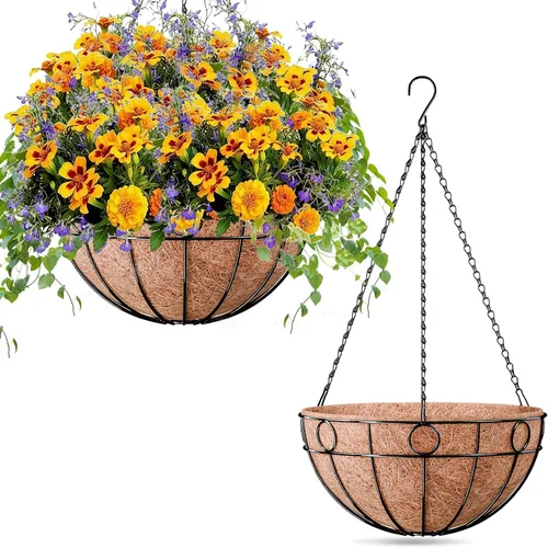 Miniatura 11 de ZeeDix Paquete de 2 cestas colgantes redondas para plantas al aire libre, cesta de alambre de metal de 12 pulgadas con forro de coco, macetas