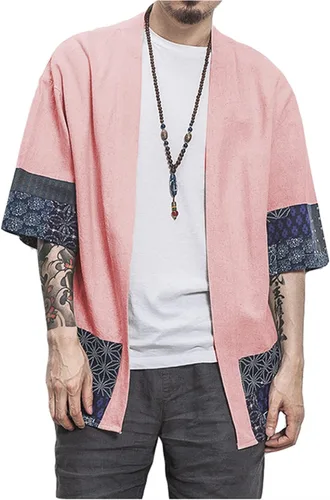 perdontoo Camisa tipo kimono casual para hombre, de lino ligero, manga corta, frente abierto