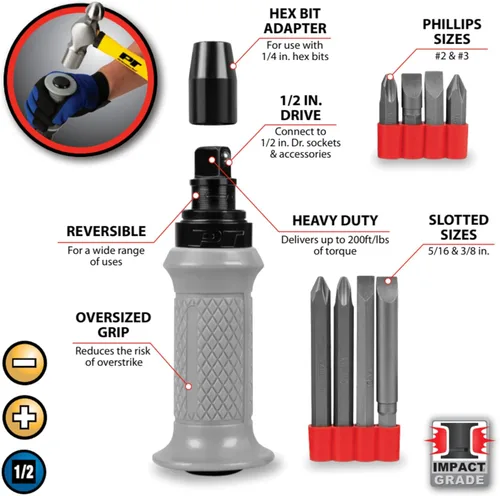 Miniatura 3 de Performance Tool Destornillador de impacto reversible manual W2504 de 1/2 pulgada - Cabeza plana 5/16 y 3/8 y puntas Phillips #2 y #3