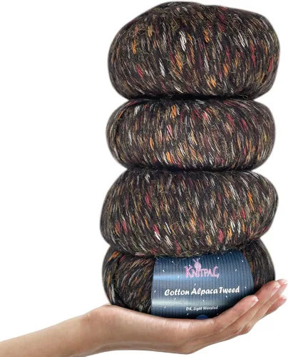 Hilo de alpaca Tweed de algodón para ganchillo, paquete de 4 (588 yardas/7.05 oz), patrones libres, hilo de tweed para tejer, peso de peinado ligero