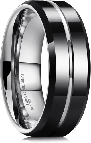 King Will - Anillo de bodas clásico de carburo de tungsteno para hombre, en color negro, plata, oro, azul, marrón, rojo y púrpura, centro acanalado,