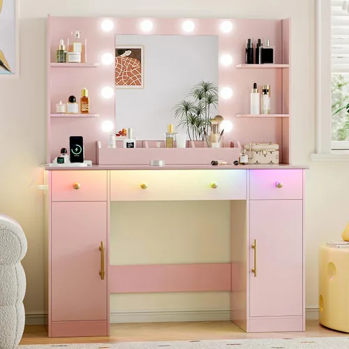 Miniatura 13 de Xixini - Escritorio de tocador con espejo y luces, juego de mesa de maquillaje de 109 cm de ancho en color blanco con 5 cajones y silla, toma