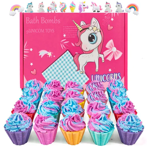 Bombas de baño para niños con unicornio sorpresa en el interior, set de regalo de 20 bombas de baño para niños, bombas efervescentes de baño de