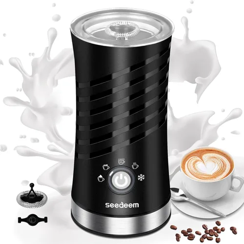 SEEDEEM Espumador de leche, espumador de leche eléctrico 5 en 1 y vaporizador, máquina automática de espuma caliente y fría con 2 batidores para