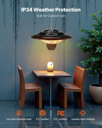 Miniatura 4 de VEVOR Calentador de patio colgante, calentador infrarrojo eléctrico de 1500 W, protección IP34 con cable de tracción de 23.6 pulgadas y cadena