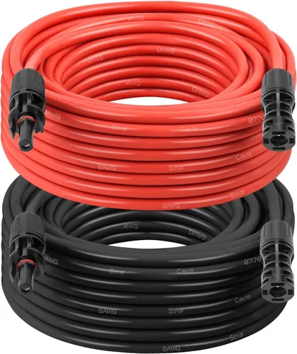 Miniatura 24 de Cable de extensión solar 10AWG de 20 pies – Paquete de 2 cables fotovoltaicos rojos y negros con conectores solares, cobre estañado de 84 hebras