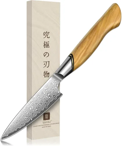 TIVOLI Cuchillo Mondador de Acero de Damasco, Cuchillo de Frutas VG-10 con Hoja Extremadamente Afilada y Mango Ergonómico de Madera de Olivo, Ideal