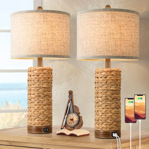Juego de 2 lámparas de mesa de ratán para sala de estar con 2 puertos USB, lámpara de dormitorio de 27 pulgadas de alto, casa de campo costal,