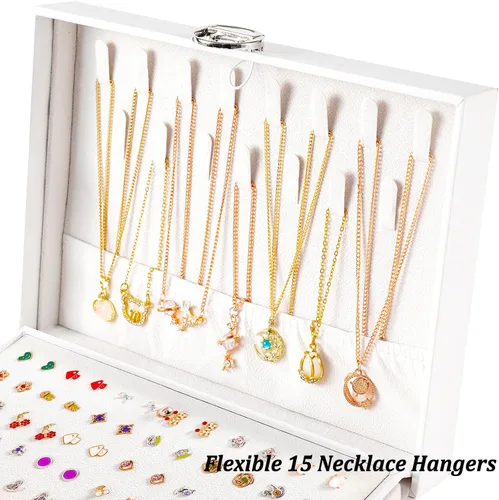 Miniatura 4 de Joyero de pendientes para mujeres y niñas, organizador de aretes de 5 capas, caja organizadora de joyas blanca con candado, collares y aretes