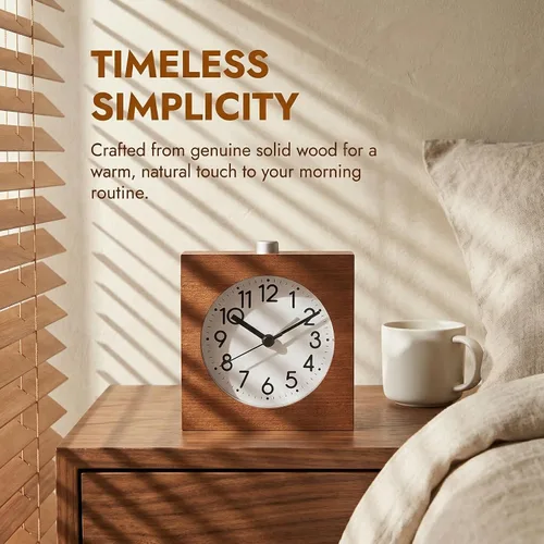 Miniatura 2 de Reloj despertador analógico de madera, cuerpo de madera sin tictac, silencioso, con función de repetición de luz nocturna, funciona