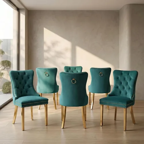 Miniatura 13 de Juego de 2 sillas de comedor de terciopelo, sillas de comedor copetudas de mediados de siglo con anillo trasero de cabeza de clavo, patas de metal