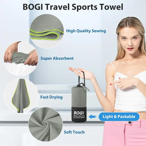 Miniatura 4 de BOGI Toalla Deportiva de Viaje de Microfibra - Secado Rápido, Suave, Ligera, Absorbente, Compacta para Acampada, Gimnasio, Yoga, Natación, Gris