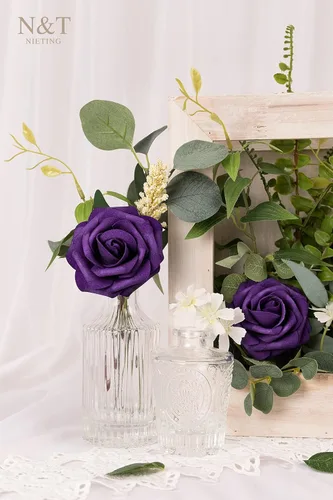 Miniatura 139 de N&T NIETING Flores artificiales, rosas artificiales de color rosa intenso, 50 piezas de flores falsas con tallo para ramos de boda DIY, centros